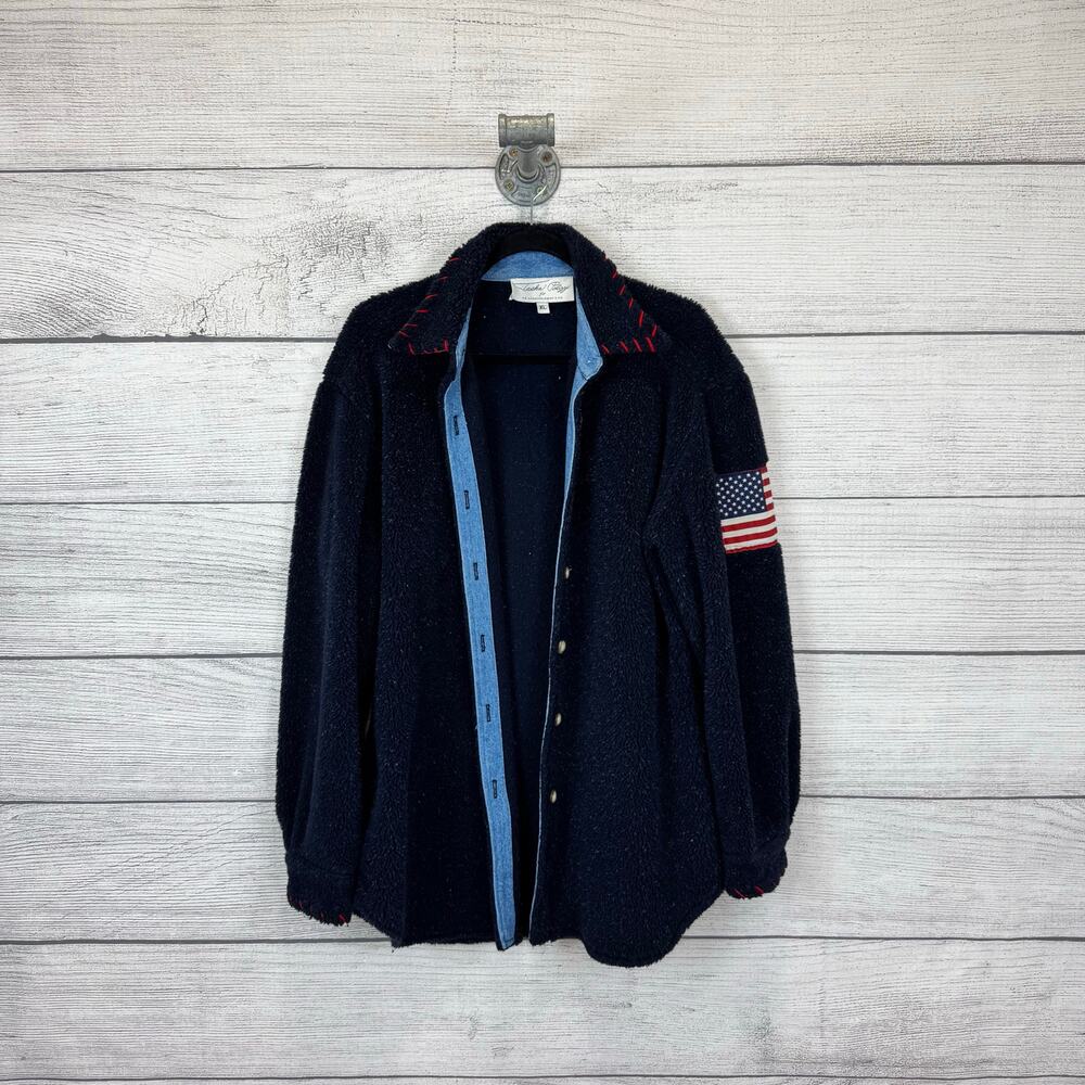 Tasha Polizzi Women's Navy Fuzzy Sherpa Button Front USA Jacket Size XL